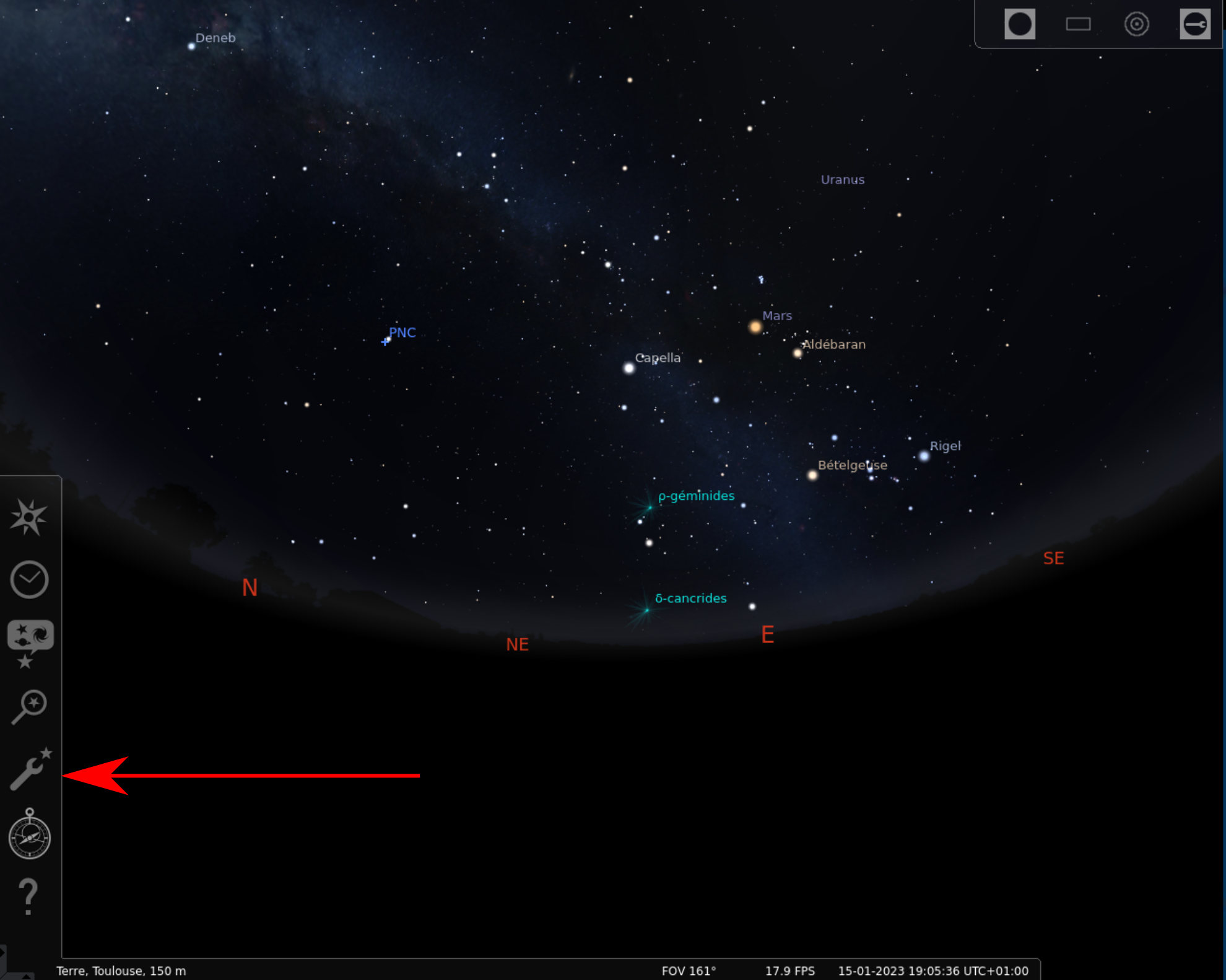 Capture d'écran de Stellarium montrant le bouton « Configuration générale ».