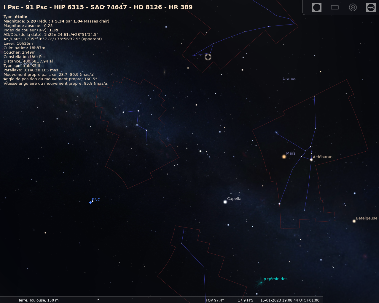 Capture d'écran de Stellarium après avoir cliqué sur quelques constellations