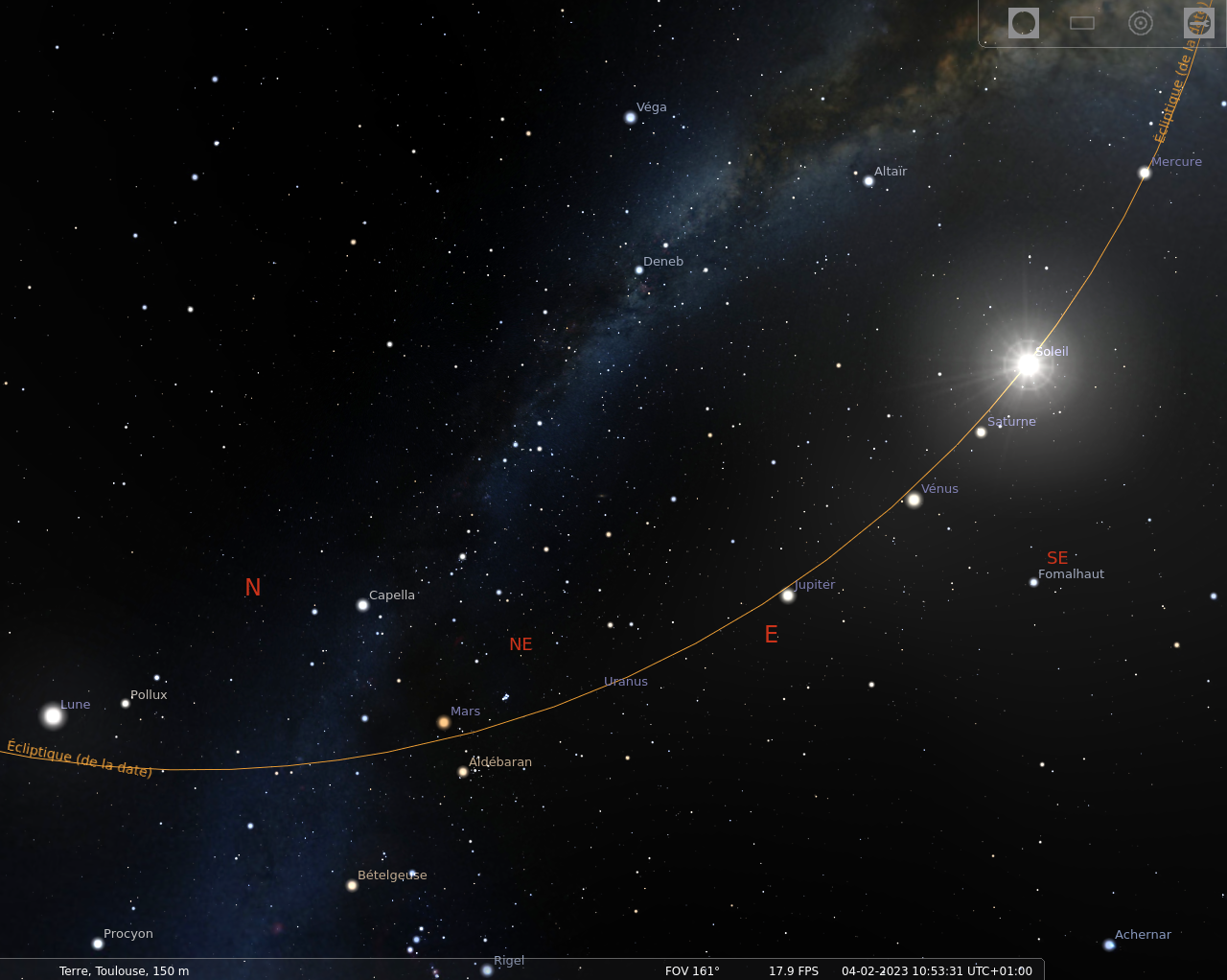 Capture d'écran de Stellarium avec l'écliptique affichée.