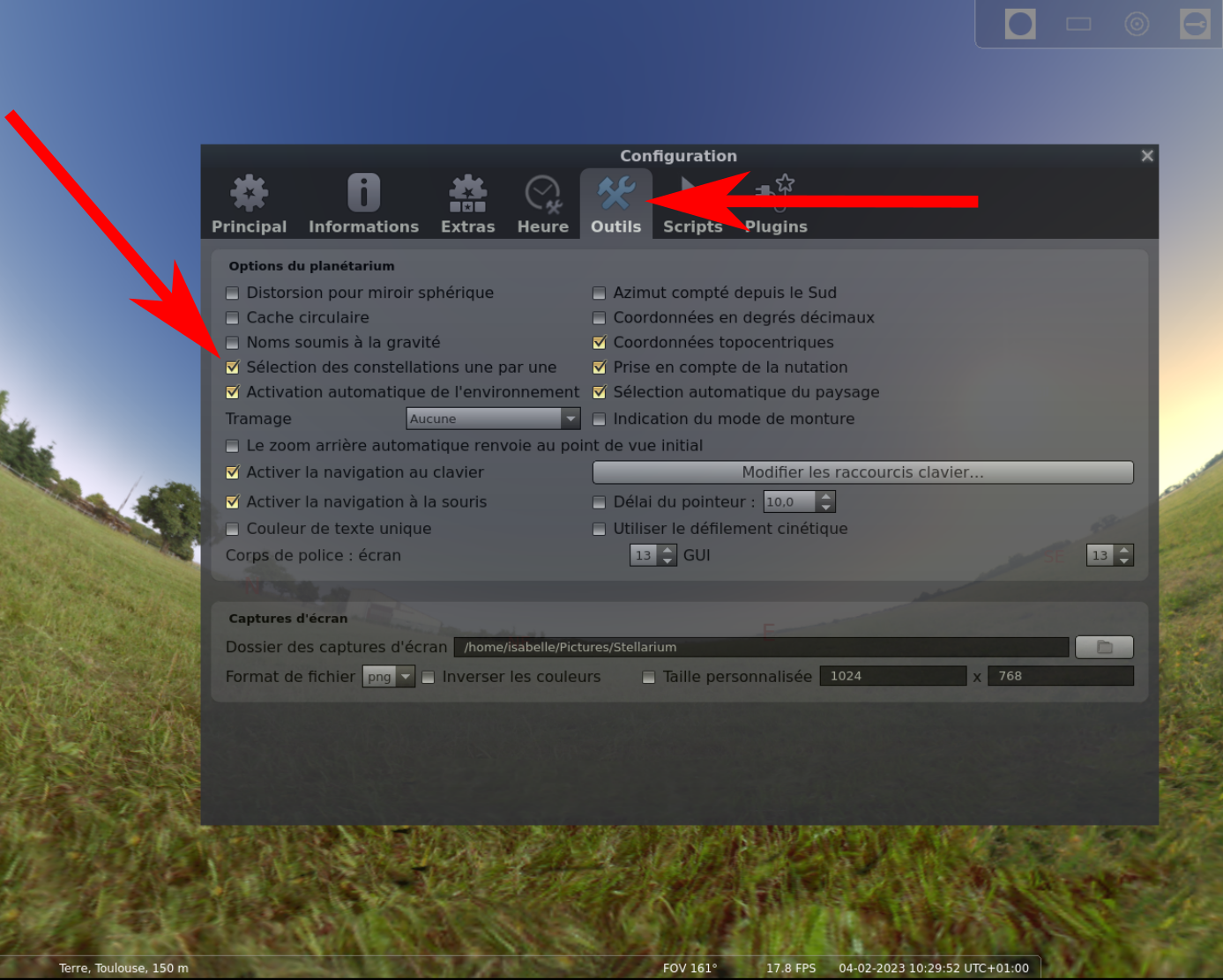 Capture d'écran de Stellarium avec le menu de configuration ouvert