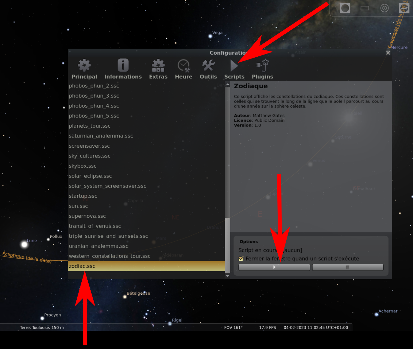 Capture d'écran de Stellarium avec le menu des scripts ouvert.