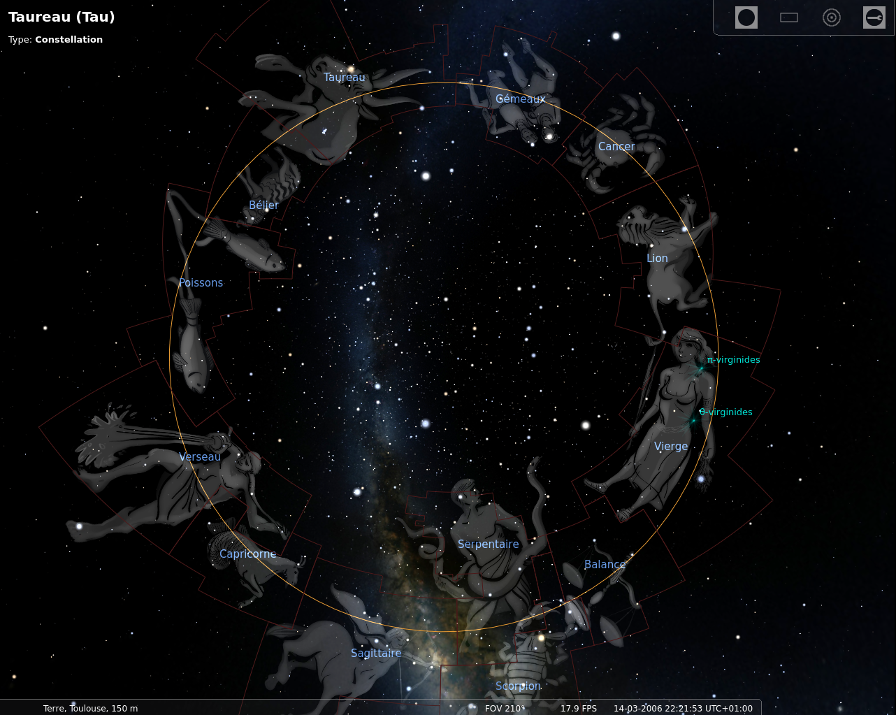 Capture d'écran de Stellarium avec les constellations du zodiaque qui sont affichées.