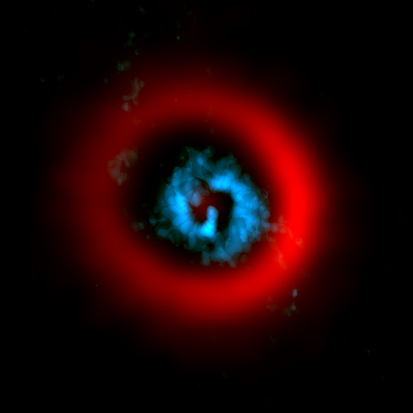 Une espèce de spirale bleue avec un anneau rouge autour.