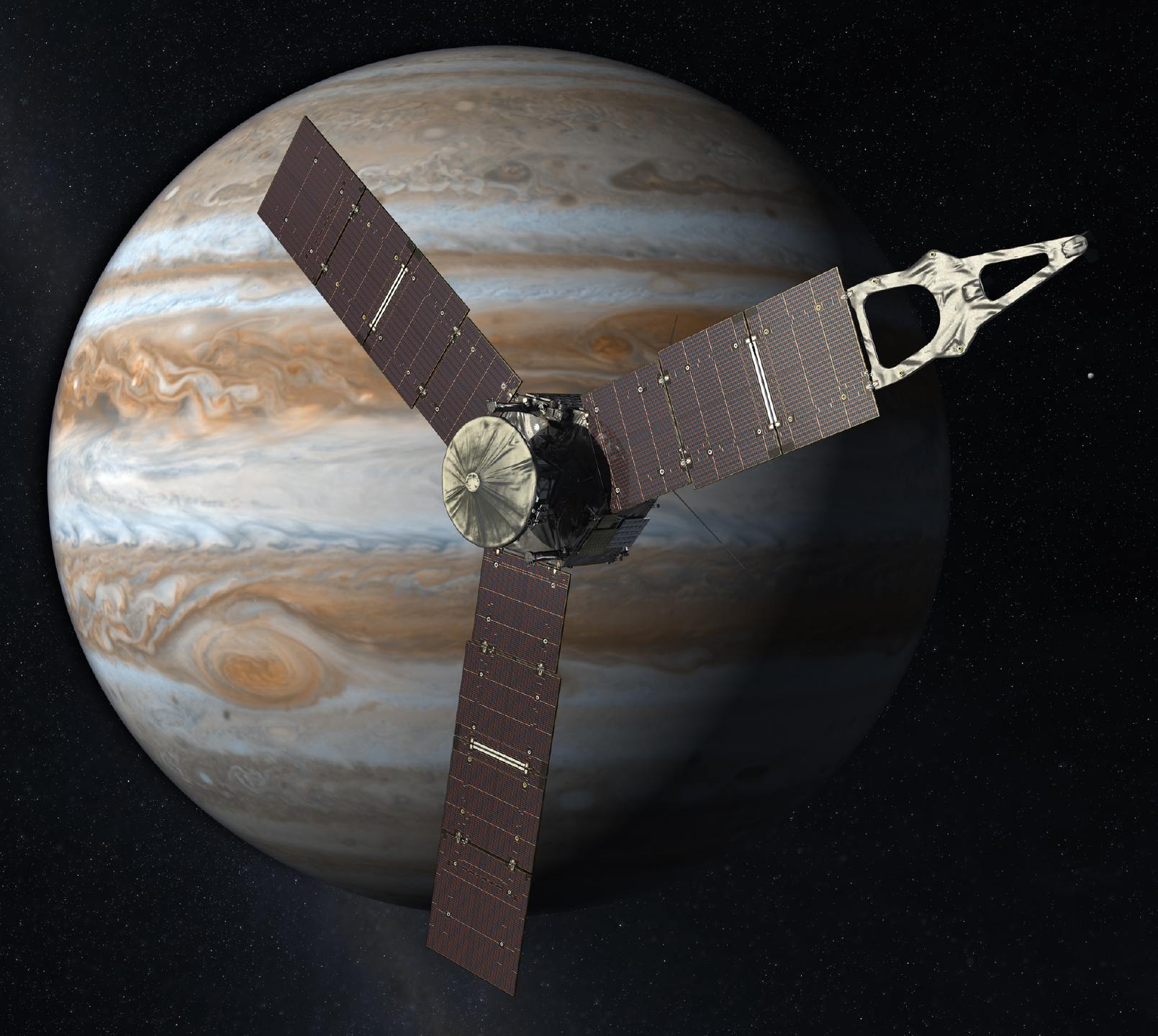 Une sonde spatiale avec trois grands panneaux solaires devant Jupiter.