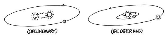 Image XKCD avec les deux types d’exoplanètes dans les systèmes binaires