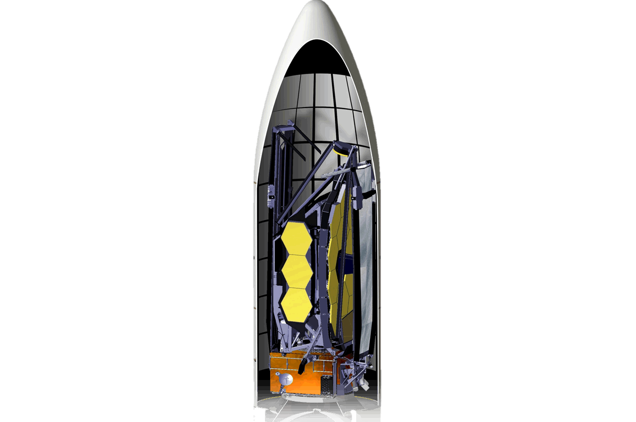 JWST pliÃ© dans la coiffe d'une Ariane 5.