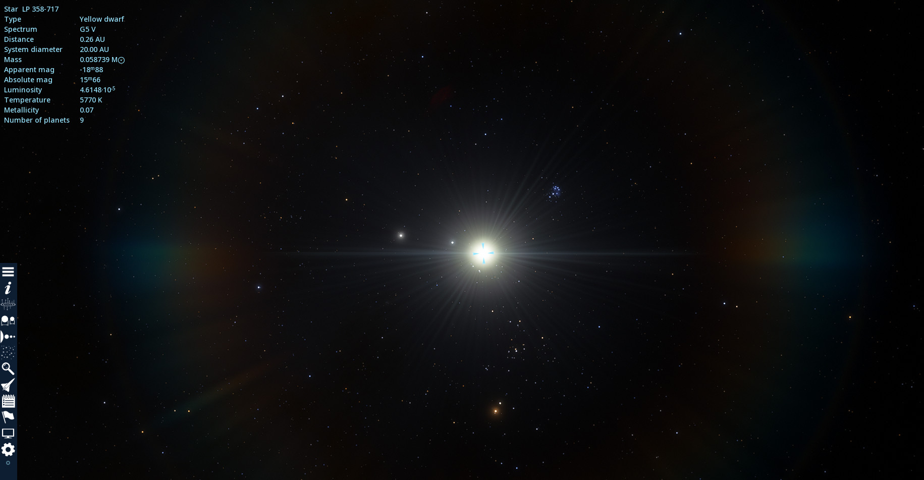 Une capture d'écran de Space Engine avec une étoile au milieu.