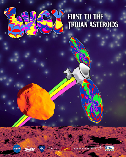 Un poster psychédélique montrant la sonde Lucy qui examine un couple d’astéroïdes