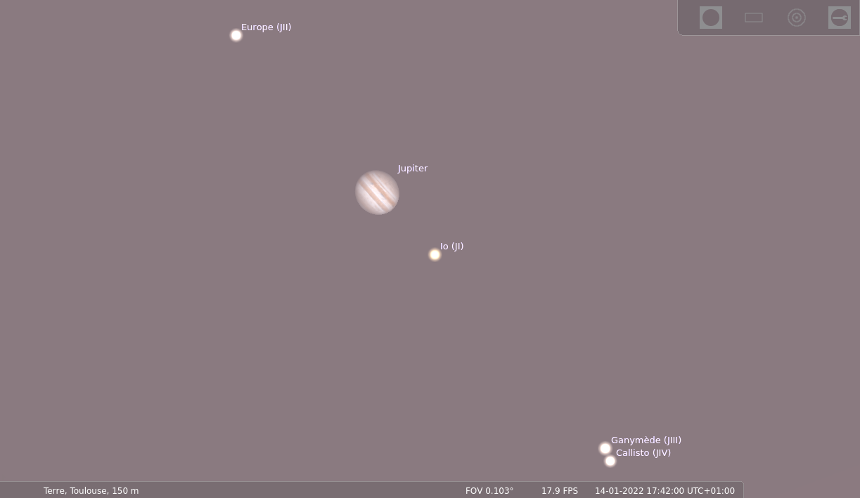 Jupiter avec les quatre satellites galiléens autour