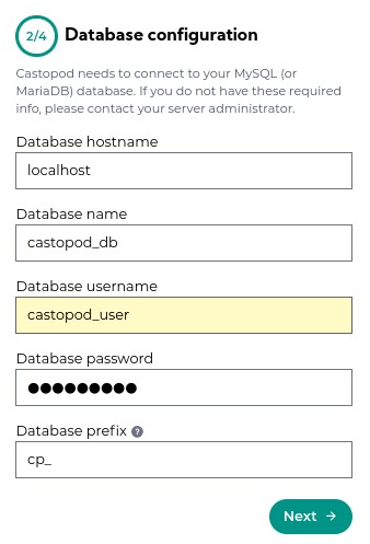 Database Configuration screen