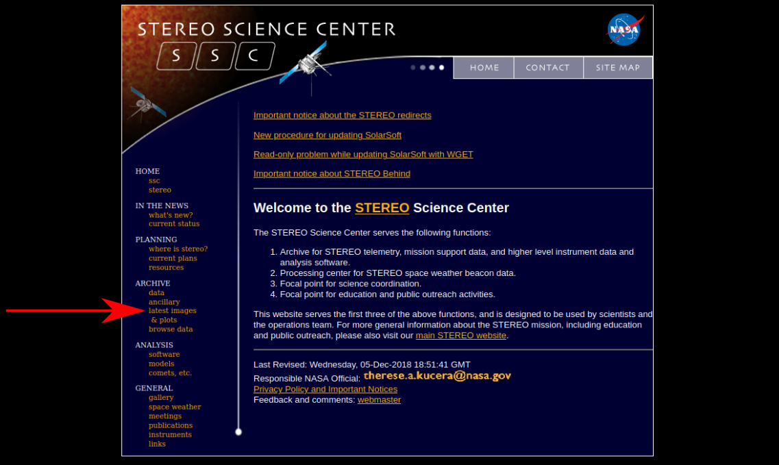 Où cliquer sur la page du site du STEREO Science Center.