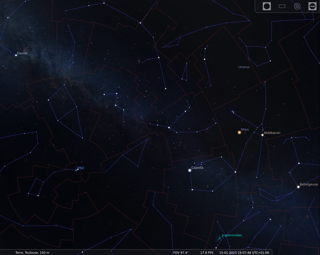 Capture d'écran de Stellarium après avoir appuyé sur les touches B et C.